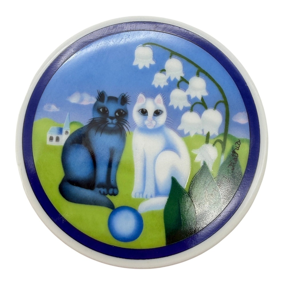 Arzberg Germany Kathis Cats Porcelain Mini Wall Plate Blue White Lily of Valley